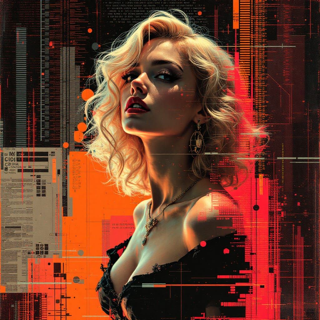 Glitch Photography Fusion: Pin-Up Woman with Digital Artifac...