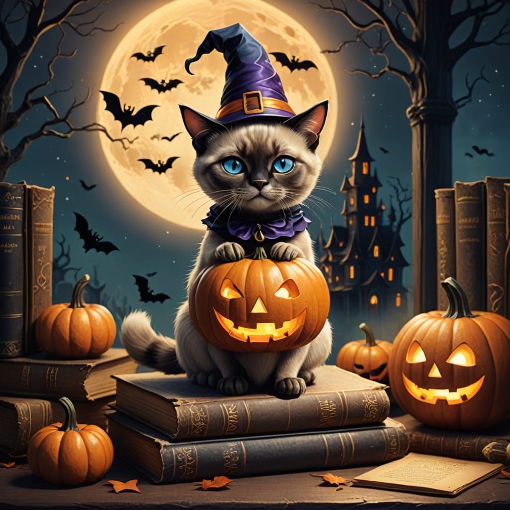 Siamese Cat Witch on Books with Jack-o'-Lantern