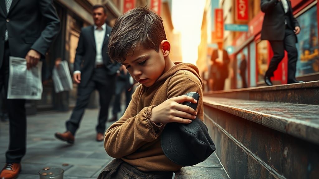 Despondent Boy Begging in Chiaroscuro Oil Painting