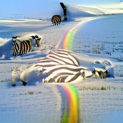 Zebra Under Rainbow in Snowy Landscape