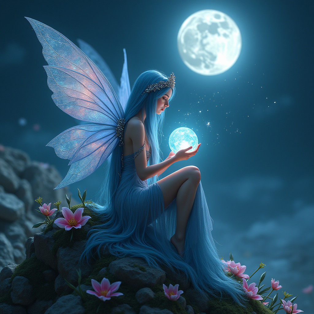 Mystical Fairy with Translucent Wings on Rocky Outcrop