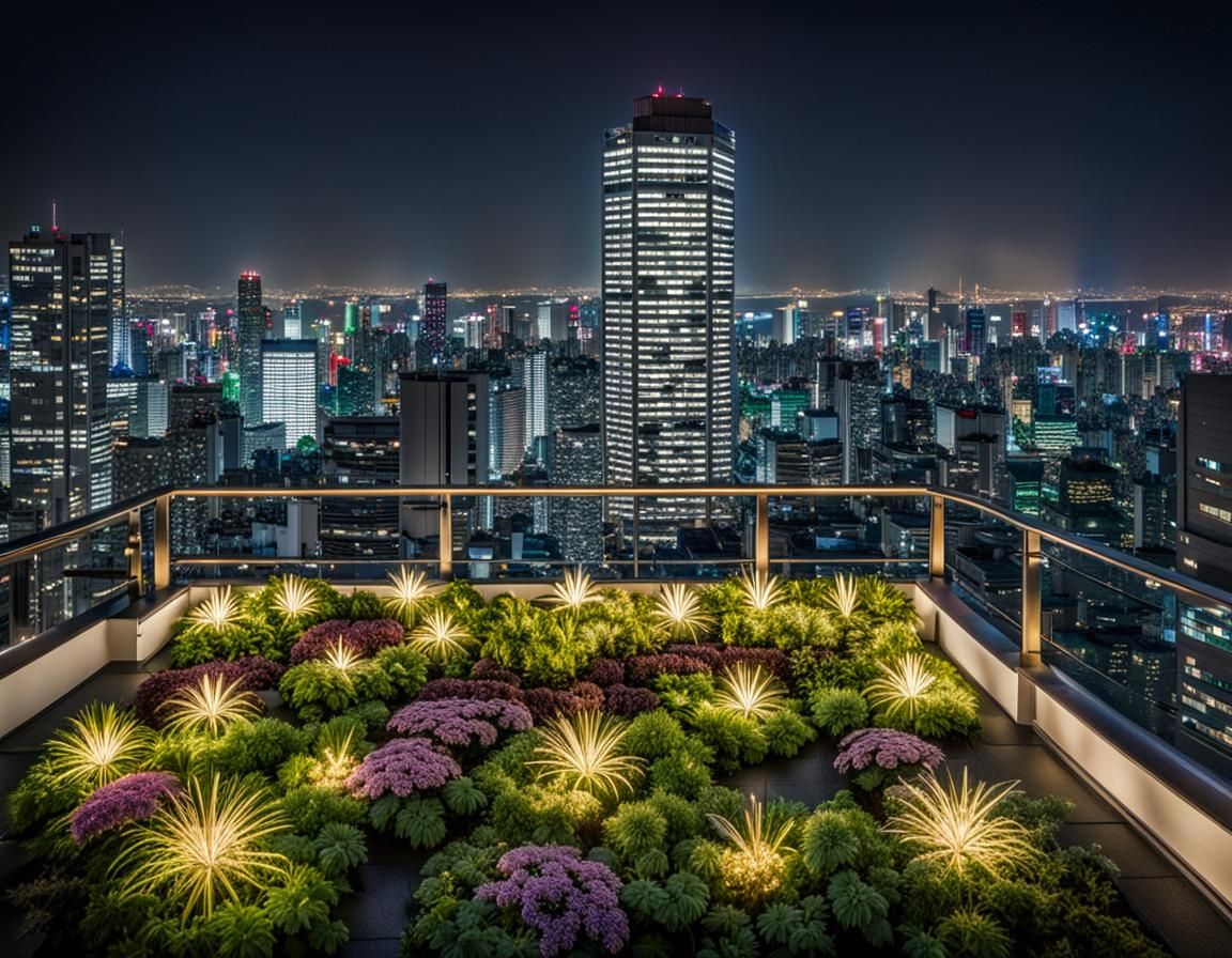 Tokyo Skyscraper Rooftop Garden with Sparkling Lights