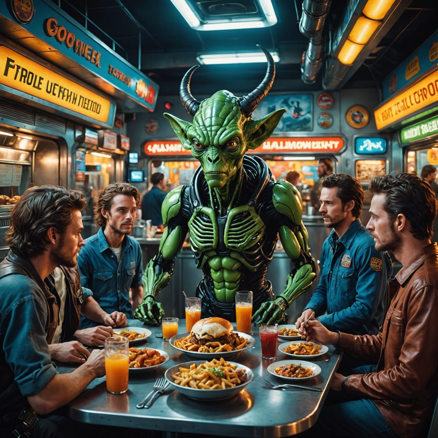 Chaotic Alien Gas Station Dinner, Hyperrealistic Digital Art