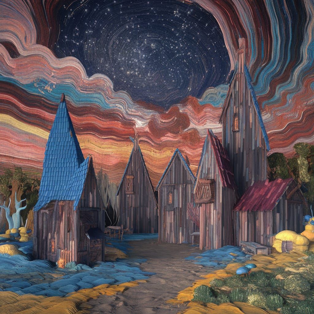 Medieval Village Under Stars in Pointillism Style