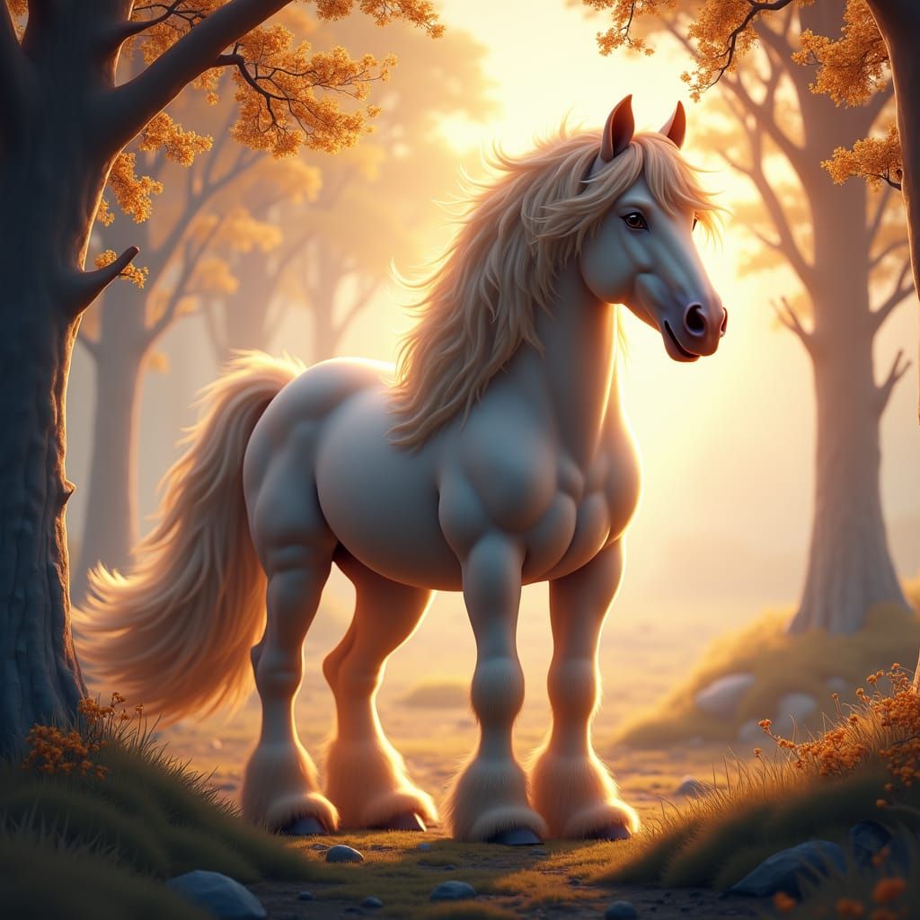Majestic Horse in Whimsical Glowing Forest, Hyperrealistic D...