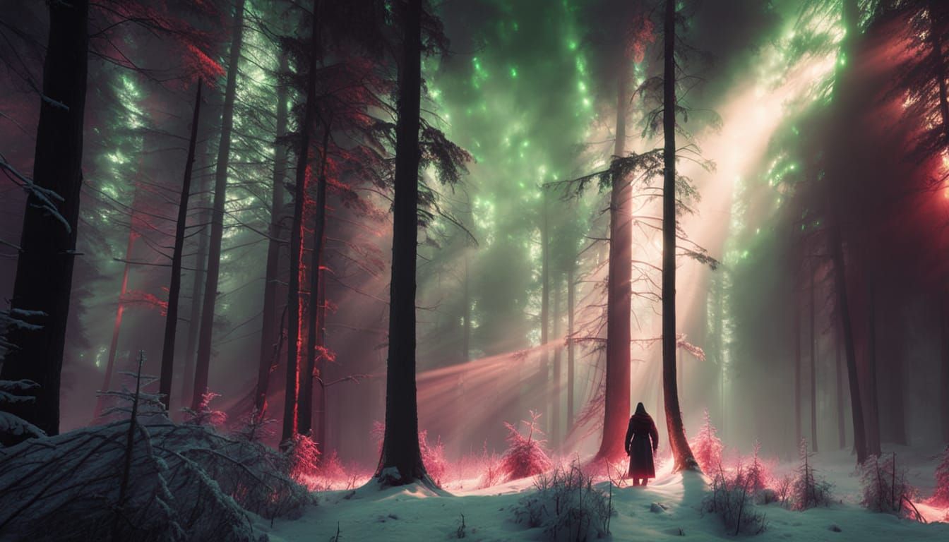 Eerie Figure in Forest with Glowing Lights