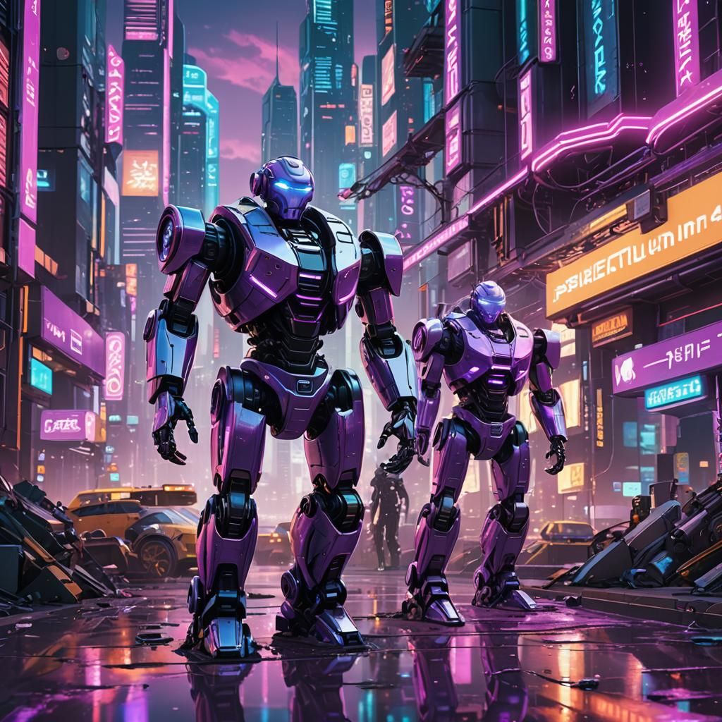 Robots Constructing Futuristic City in Polished Metal Style