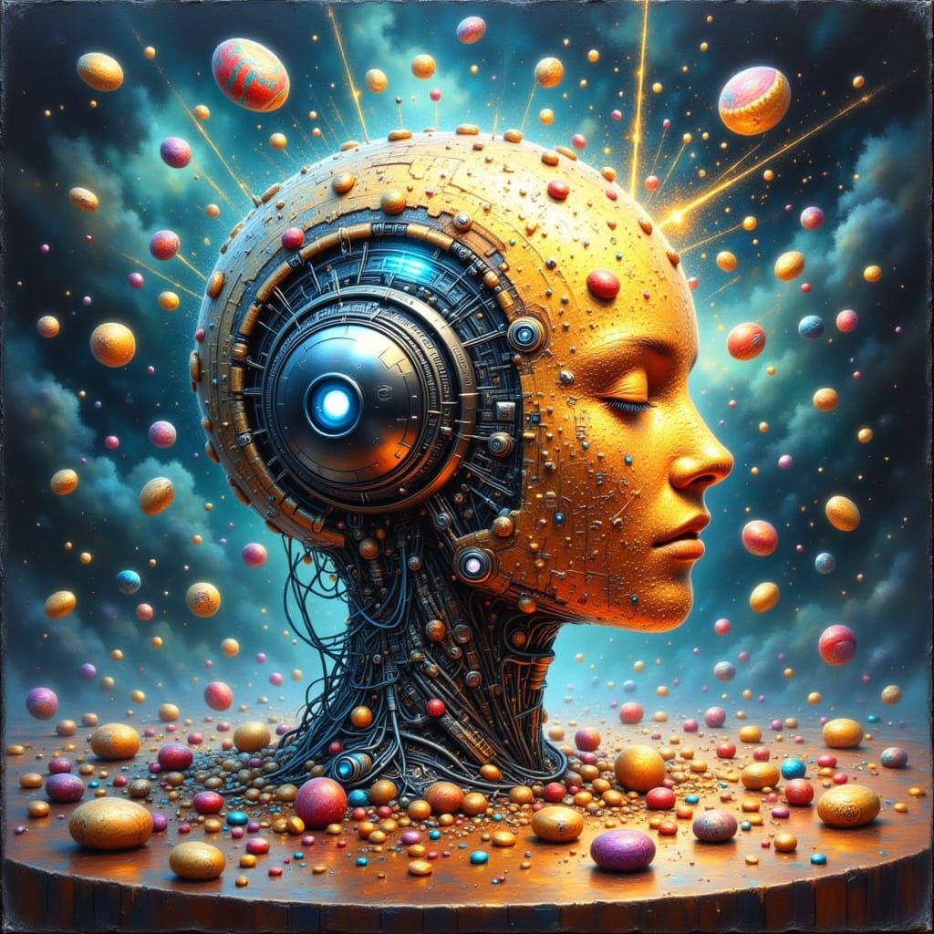 Futuristic Robot Head Explodes in Whimsical, Dreamlike Scene