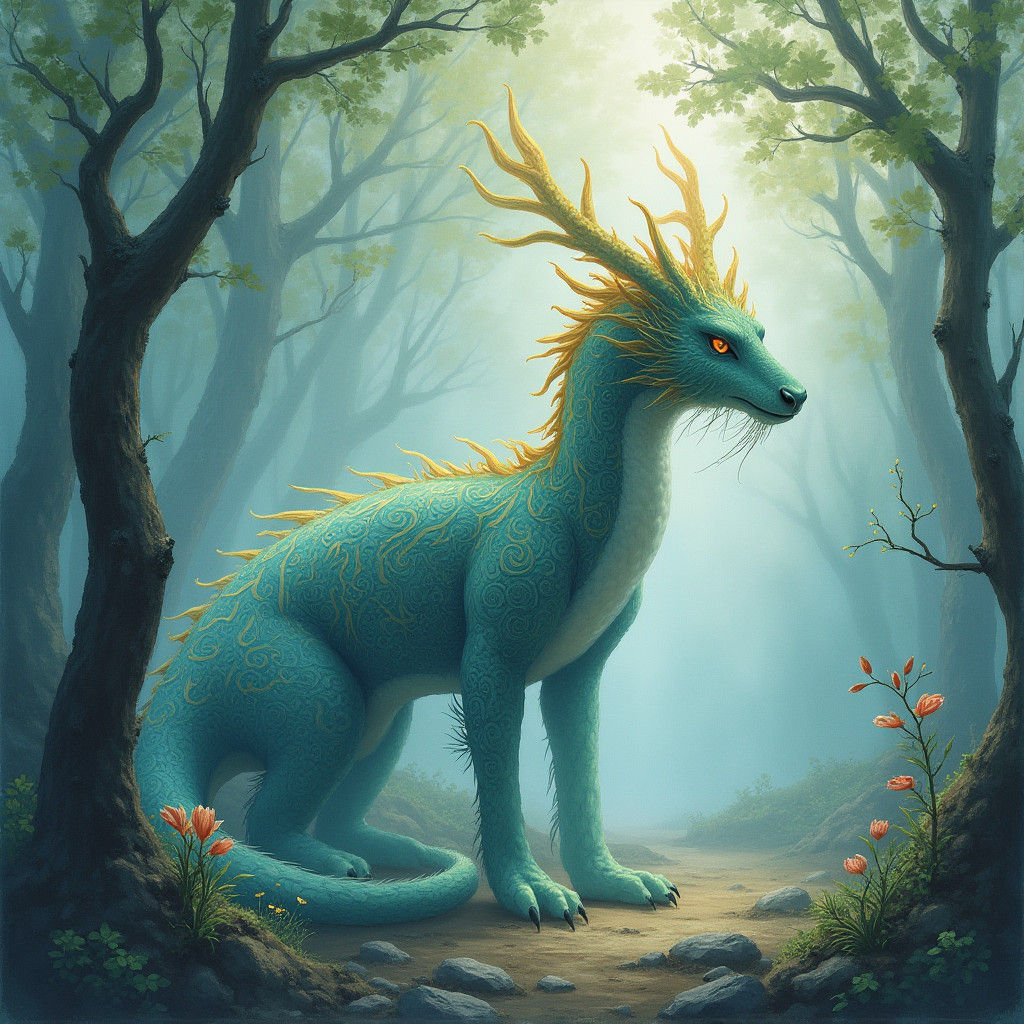 Mythical Creature in Misty Forest: Chinese Watercolor Style
