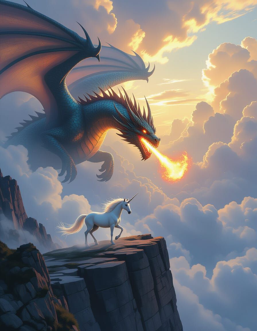 Dragon Hunts Unicorn in Stormy Skies: Epic Fantasy Concept A...