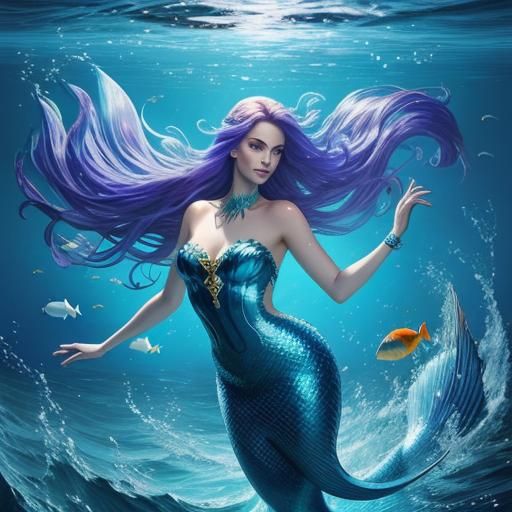 Mermaid Swimming with Sea Creatures in Splash Art