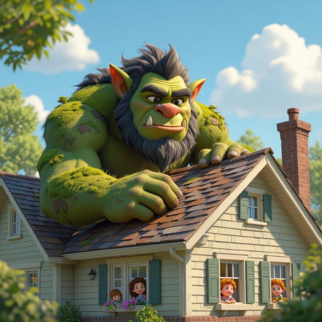 Rock Troll Shingles Roof in Pixar 3D Animation Style