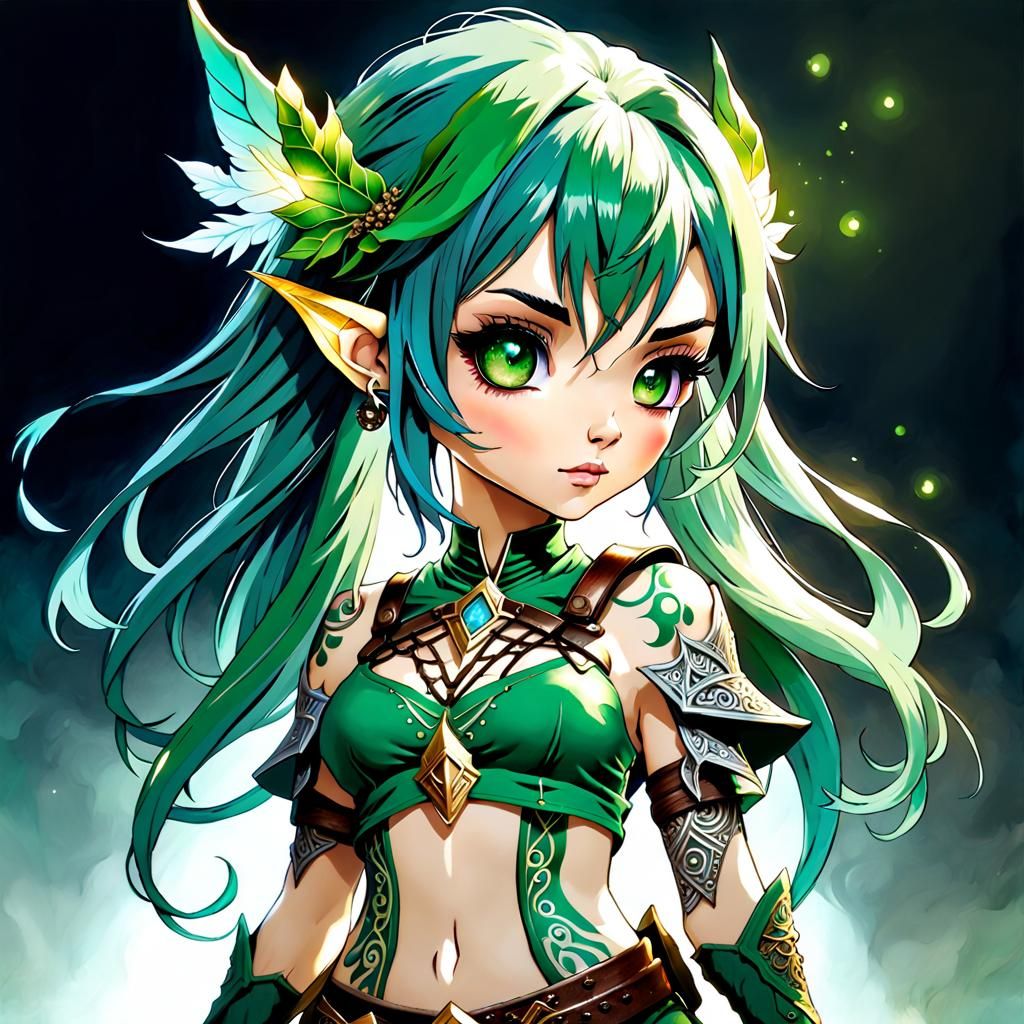 Anime Elf Warrior Girl Portrait in Rackham Style