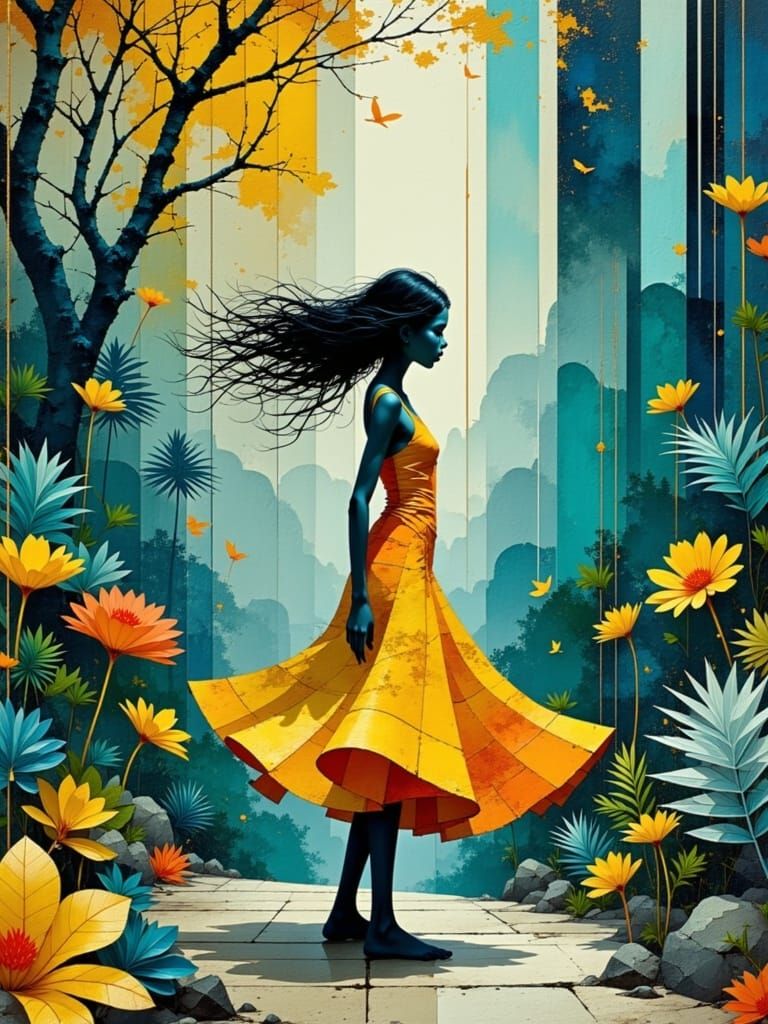 Ethereal Mambo Dancer in Iridescent Stripes and Geometric Pa...