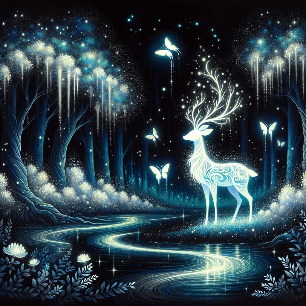 Bioluminescent Deer in Enchanted Forest
