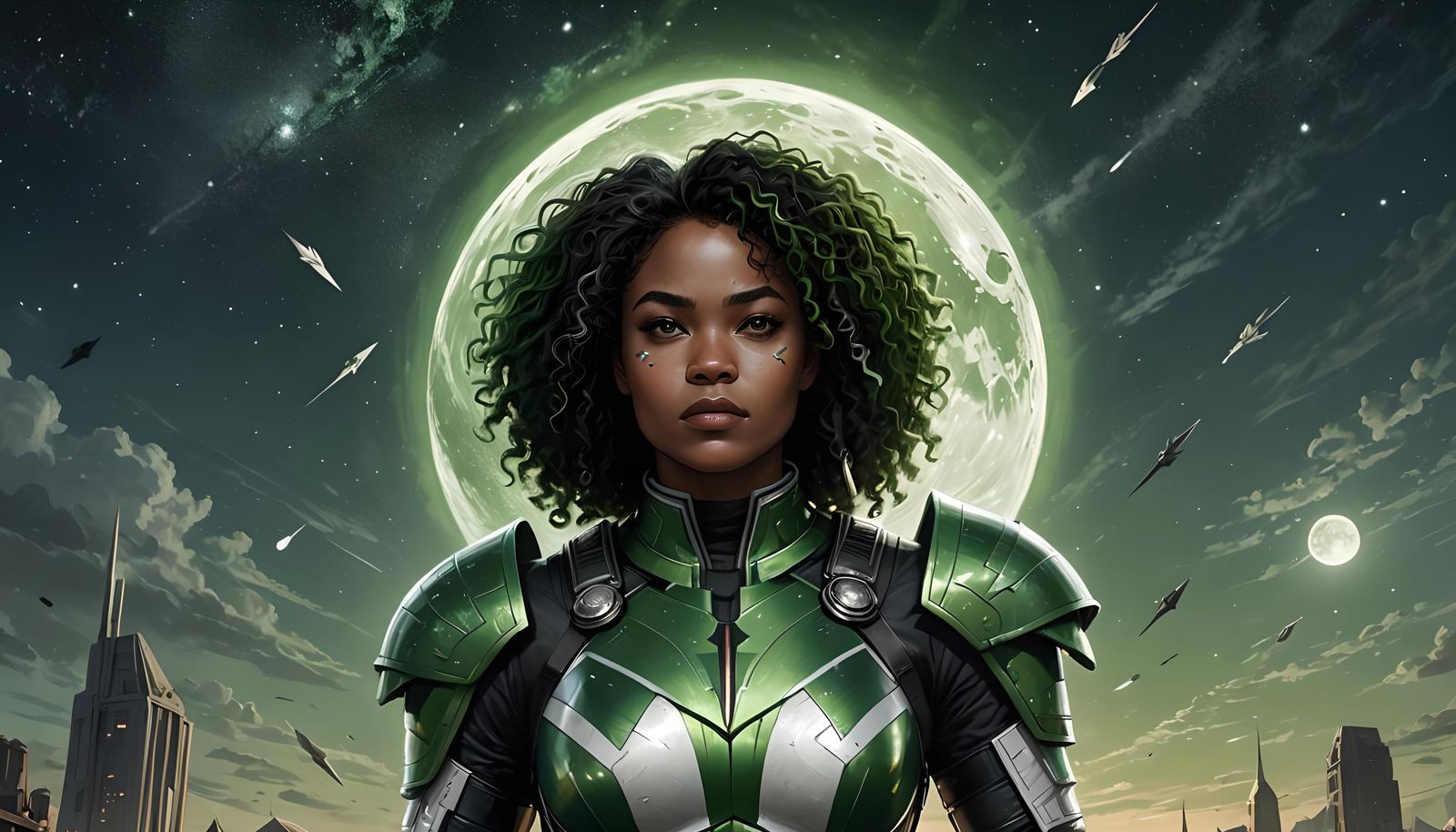 Biracial Heroine with Bow in Astral Illustration Style