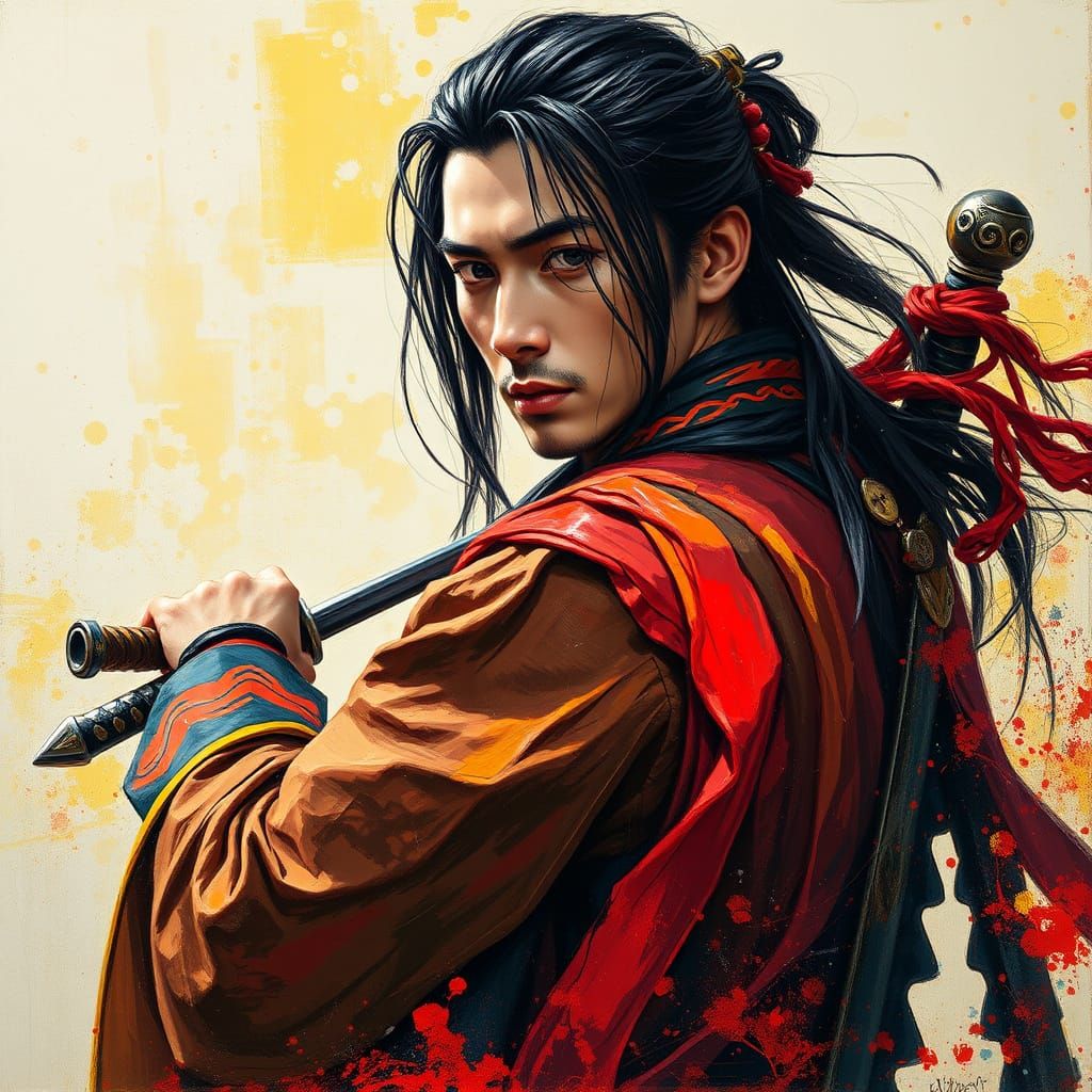 Vibrant Asian Swordsman in Flowing Robes
