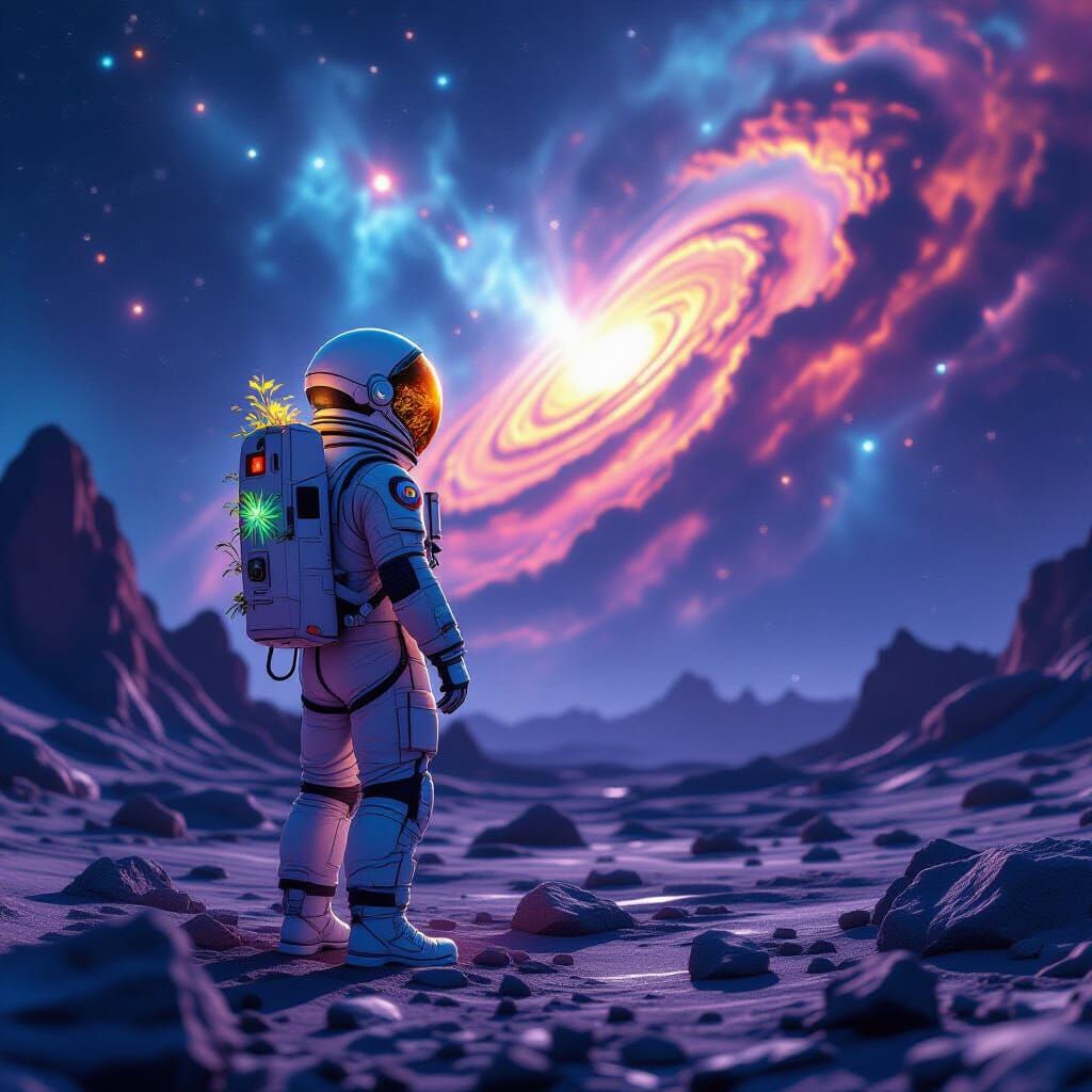 Astronaut Gazing at Cosmic Nebula in Spacecore Style