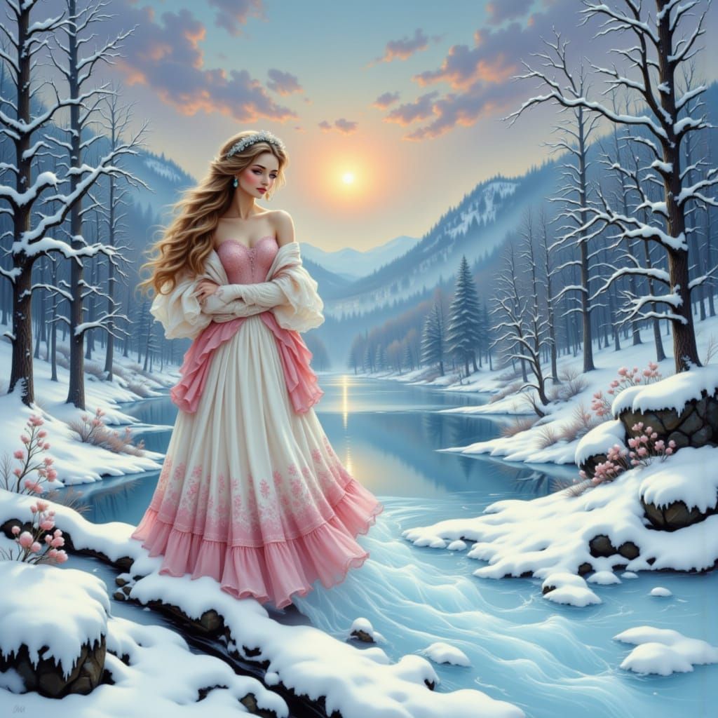 Winter Fairy Over Frozen Lake at Twilight