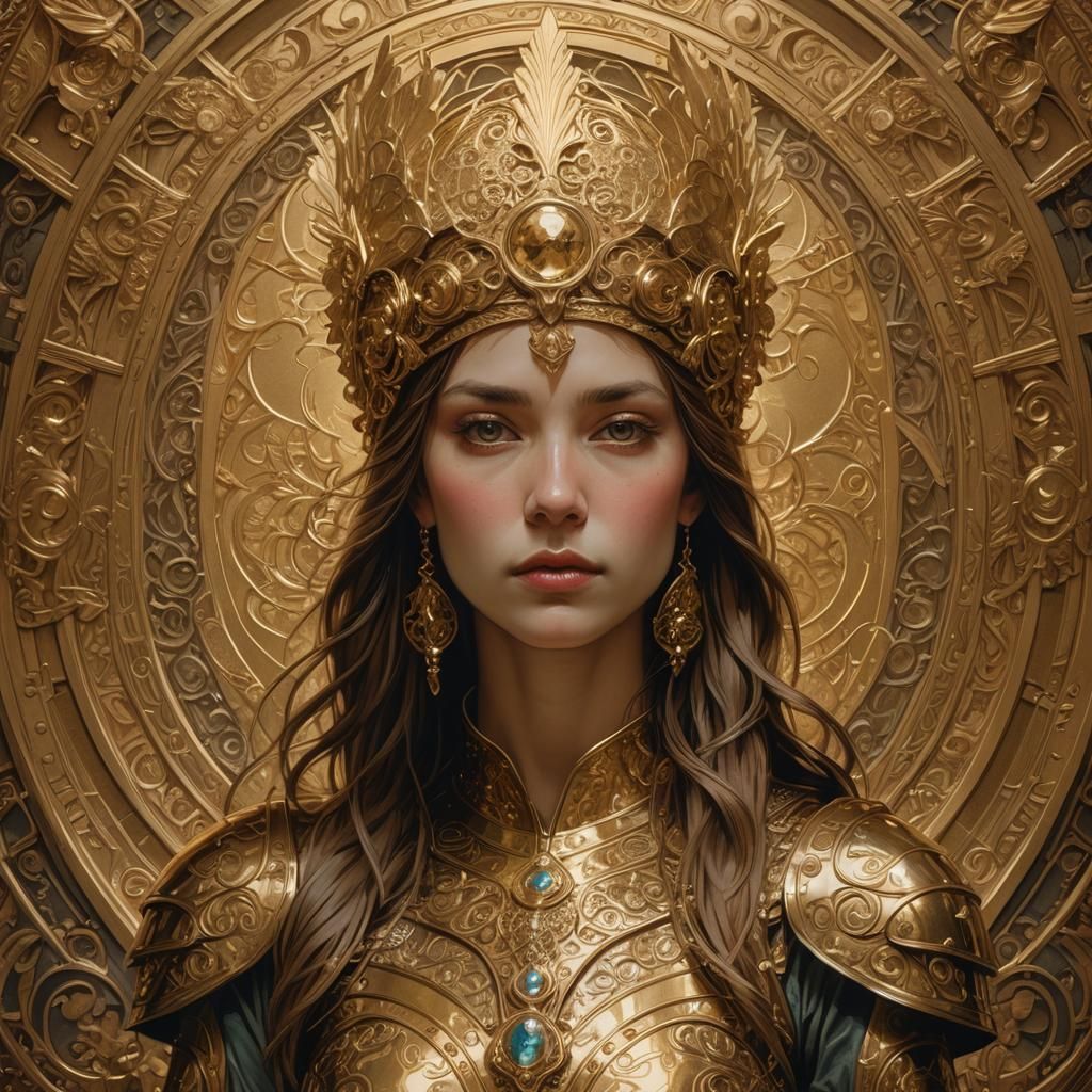 portrait of woman, natural beauty, gold circlet, golden armo...