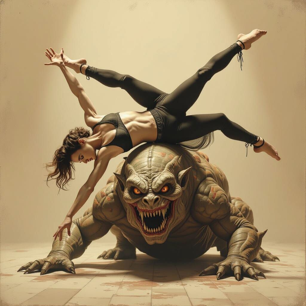 Contortionist Dances Over Grotesque Creature in Sepia Style
