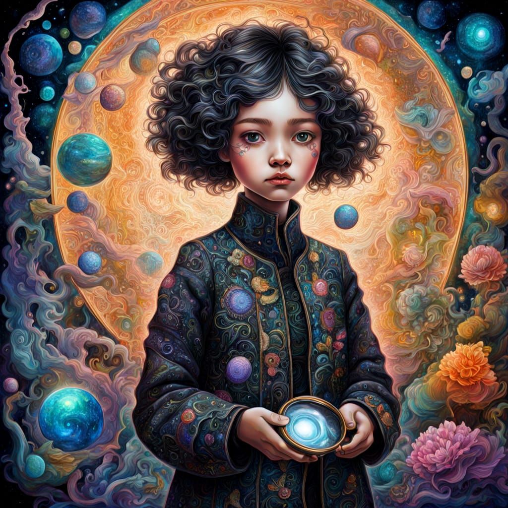 Whimsical Girl in Burberry Style with Magnifying Glass