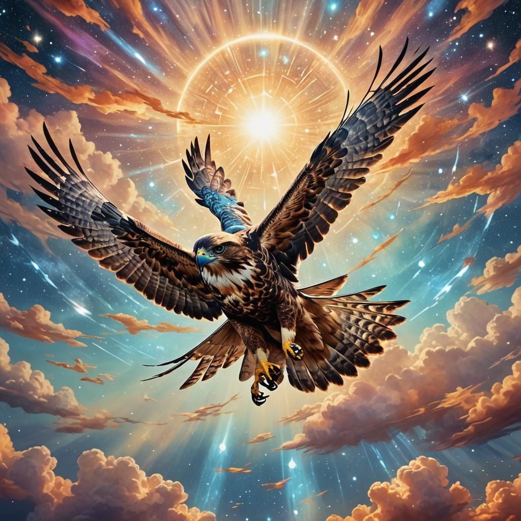 Hawk Gliding in Sunny Sky: Cosmic Illustration