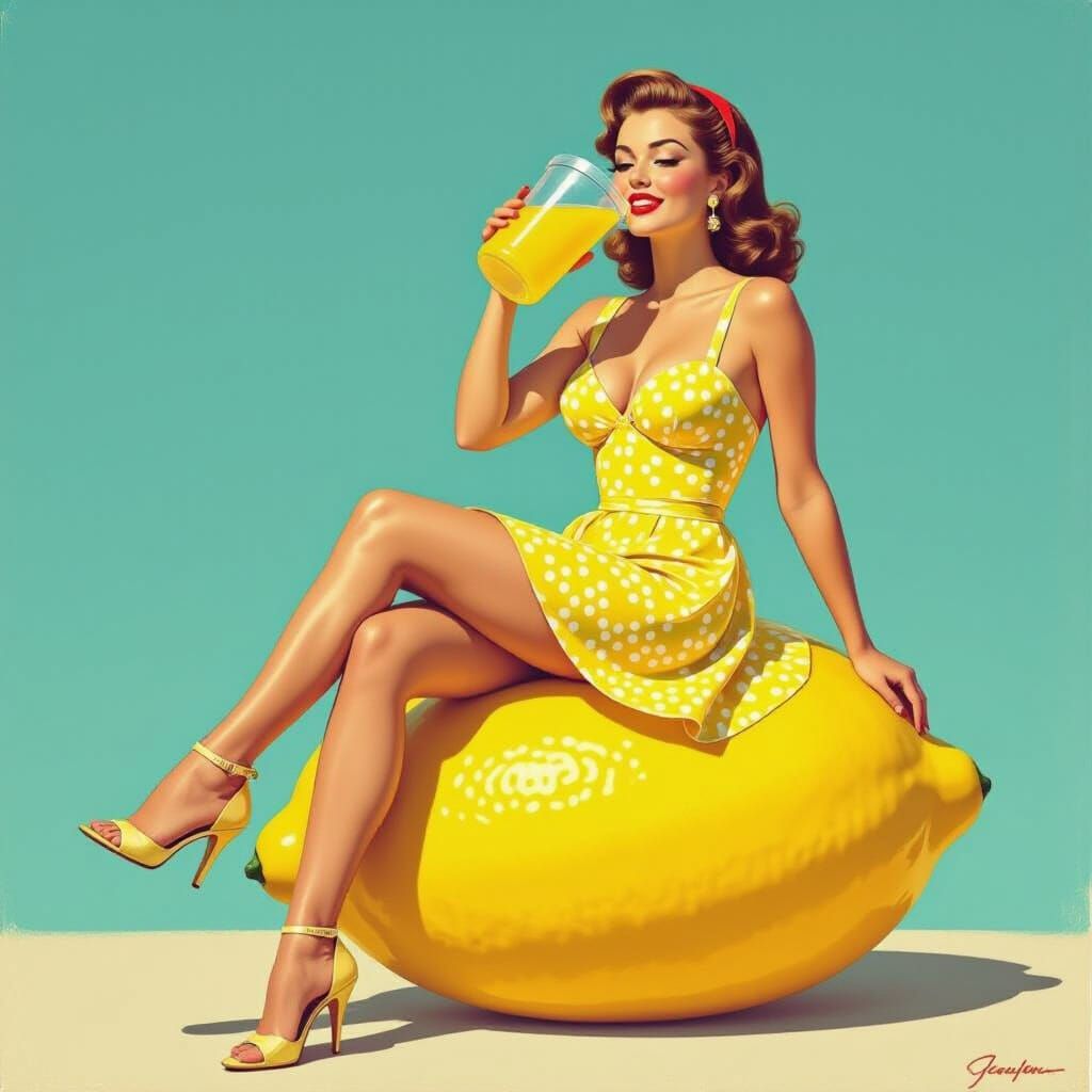 1950s Pinup Girl on Lemon, Retro Illustration