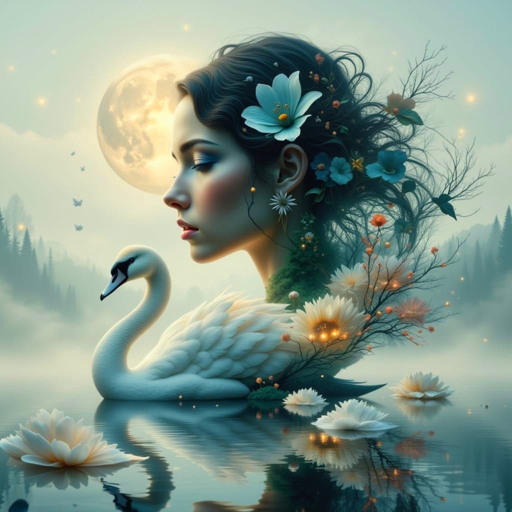 A Woman's Swan Transformation in a Dreamy, Moonlit Landscape