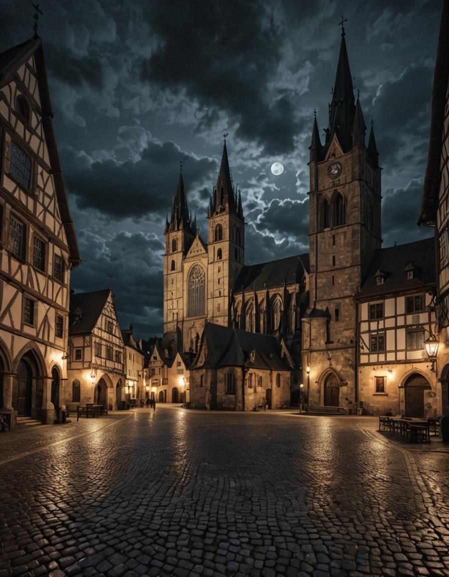 Medieval Town Square at Night with Gothic Church