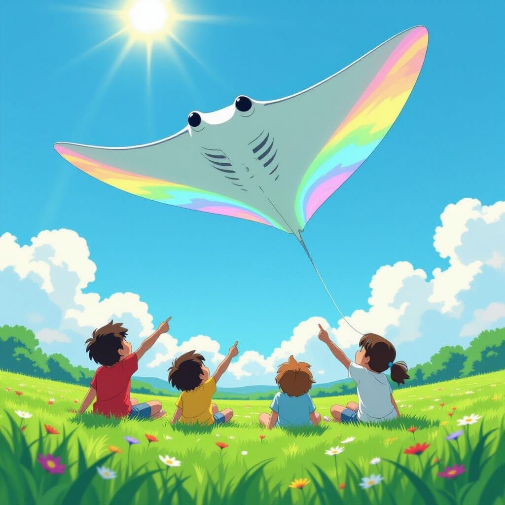 Children Watch Giant Manta Ray in Dreamy Sky
