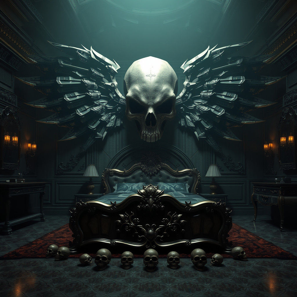 Haunted Bedroom with Winged Skull, a Sci-Fi Nightmare