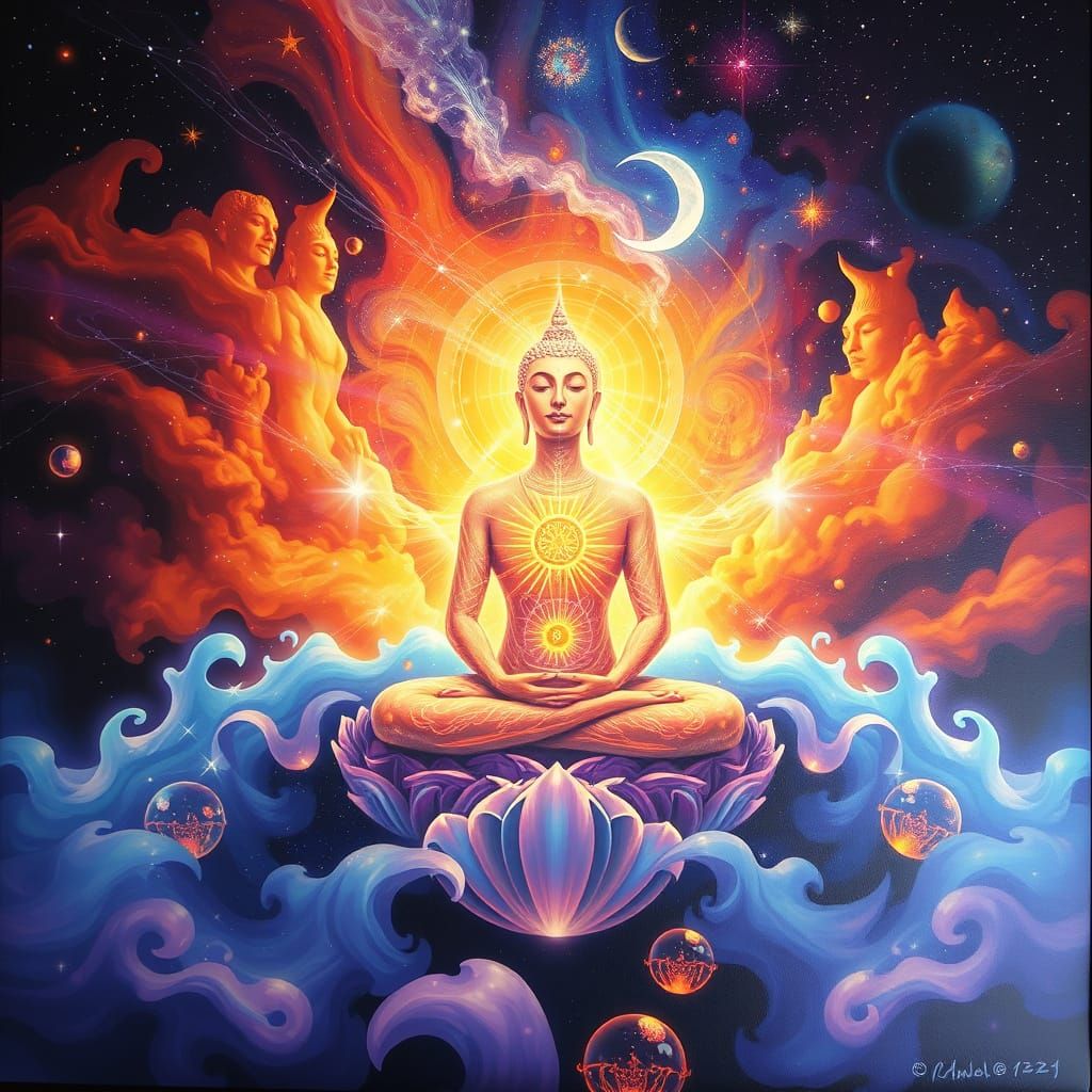 Vibrant Acrylic Meditation Scene in Hyper Detail