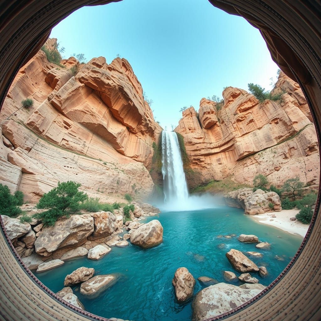 Mysterious Waterfall Scene in a Vintage Hat
