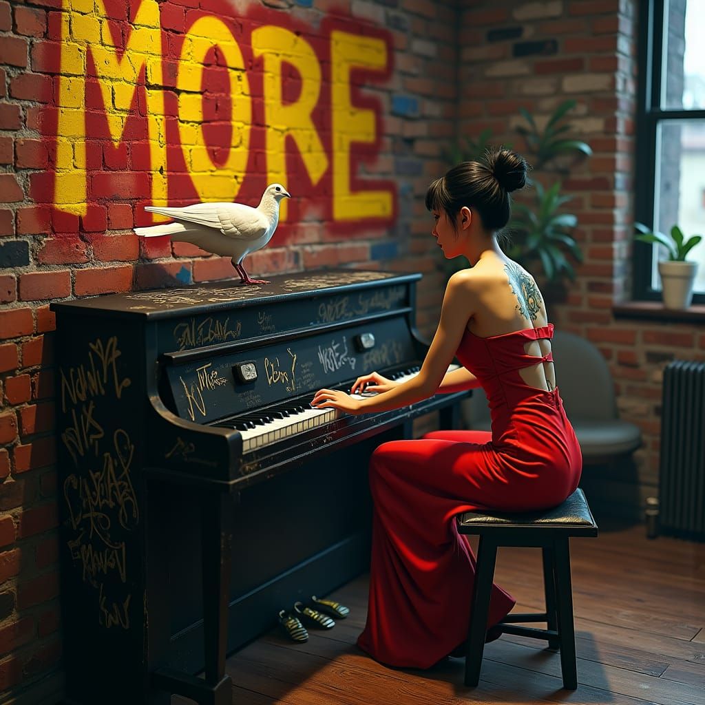 Asian Woman, Dove, and Graffiti Piano Art