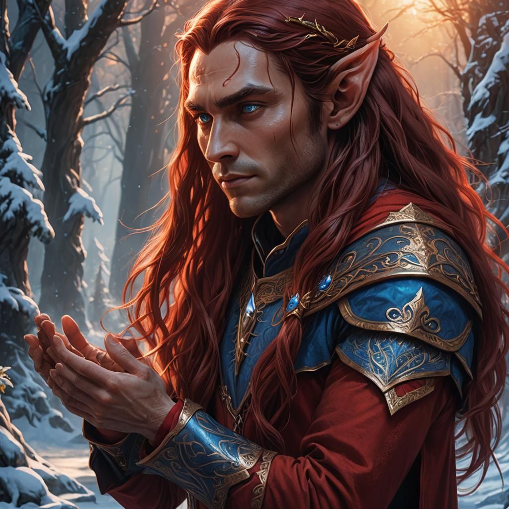 A female elf who has reddish brown long hair, blue eyes, is ...
