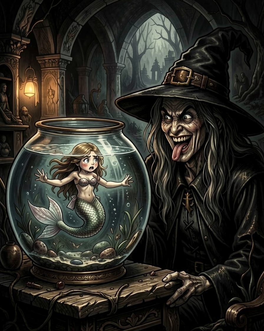 Small Mermaid Fears Witch in Goldfish Bowl