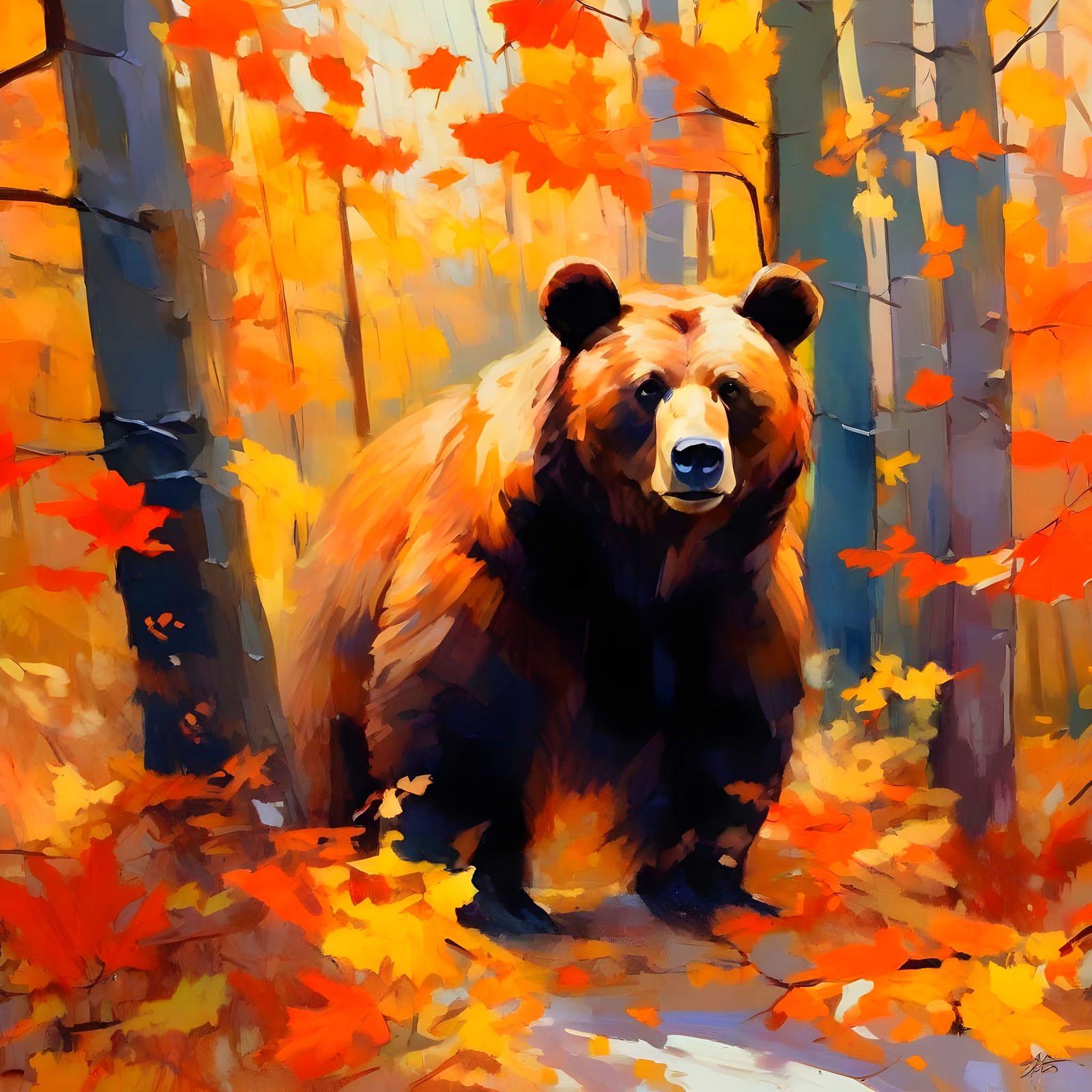 Bear in Autumn Forest: Oil and Watercolor Painting