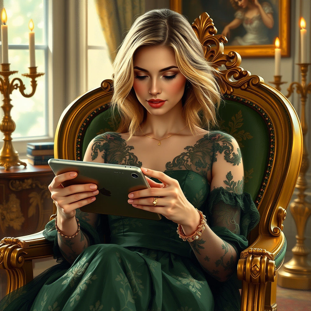 Woman in Rococo Dress Playing iPad, Impressionistic Style