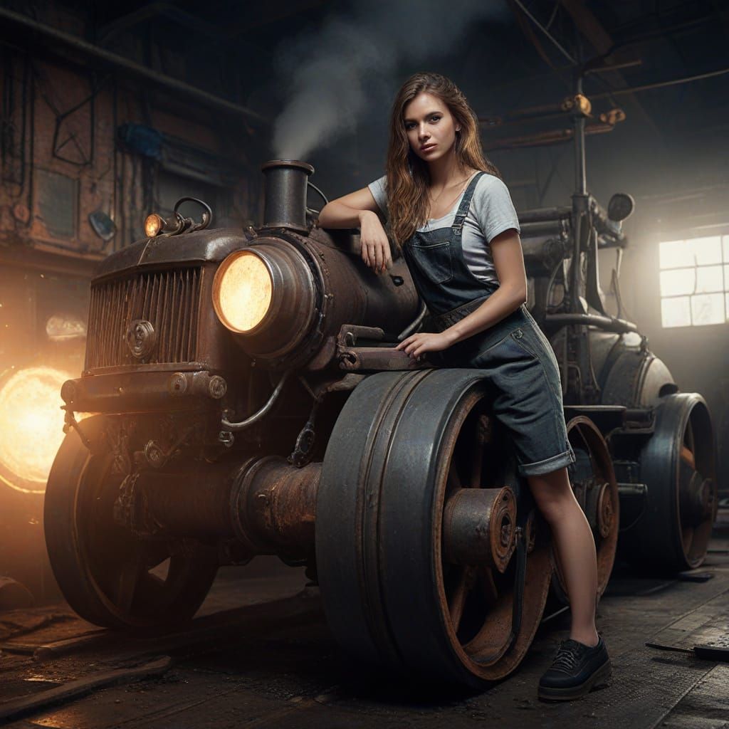 Girl Posing with Steam Roller in Industrial Art