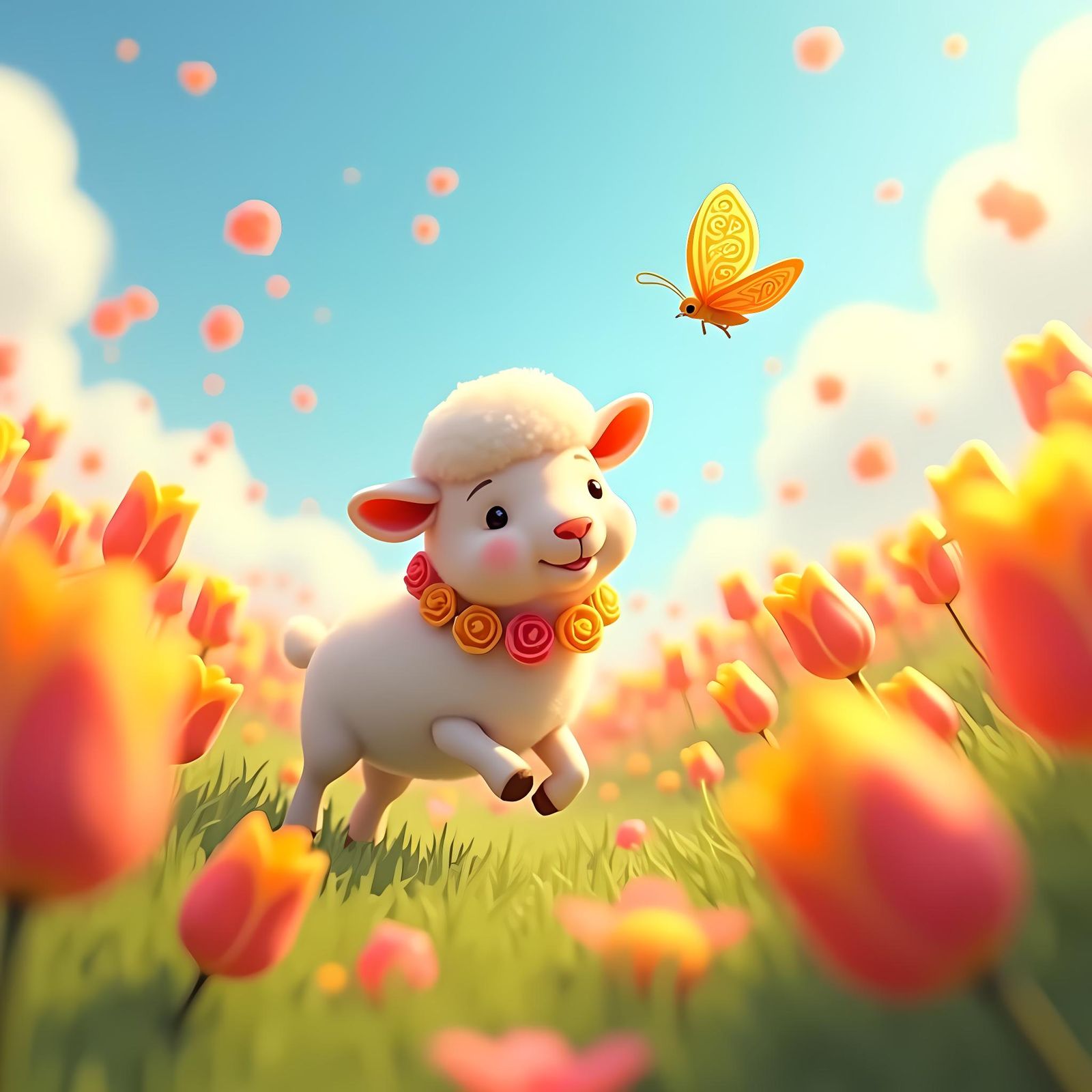 Sheep and Butterfly in Tulip Field: 3D Anime Art