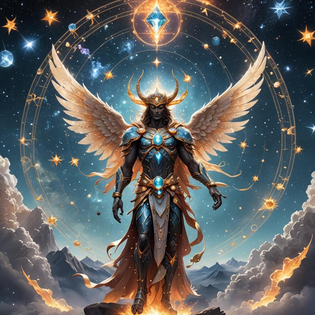 Cosmic Zodiac Being with Crystal Flame Wings