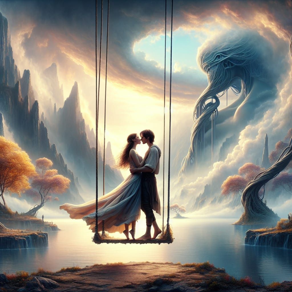 Create an intricate matte painting titled 'The Last Hug'. In this fantastical world, a Caucasian man and Caucasian woman...