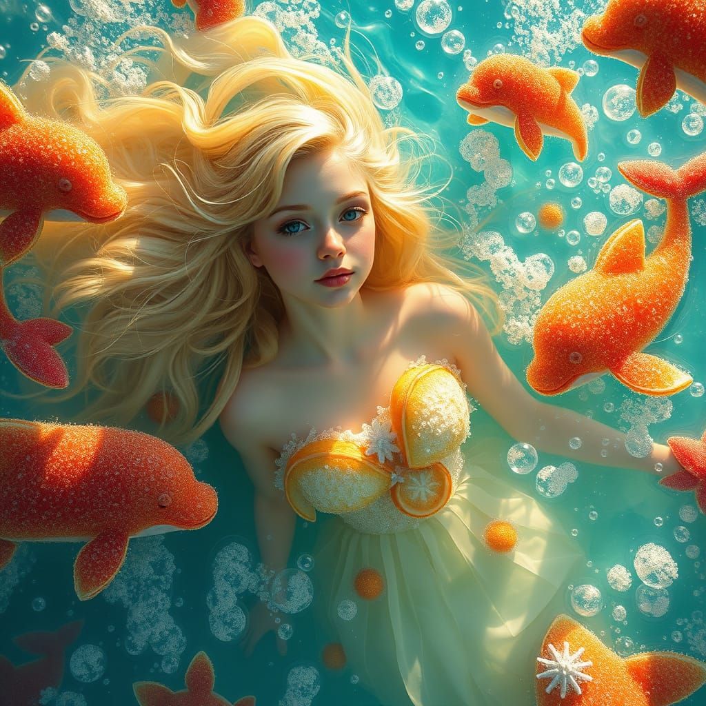 Woman in Soda Sea with Candy Creatures