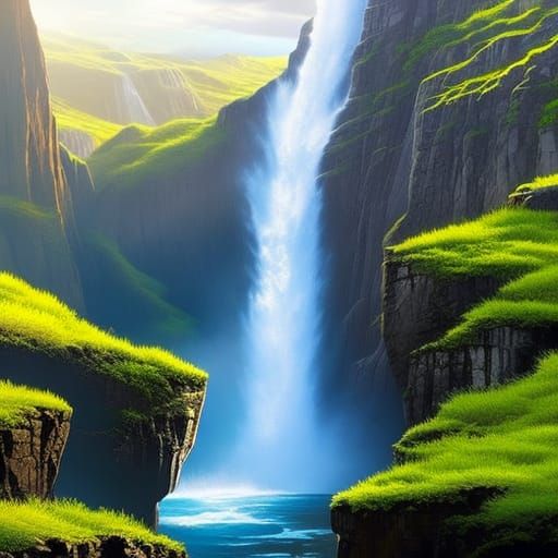Hyperrealistic Waterfall Cascading Down Mountain