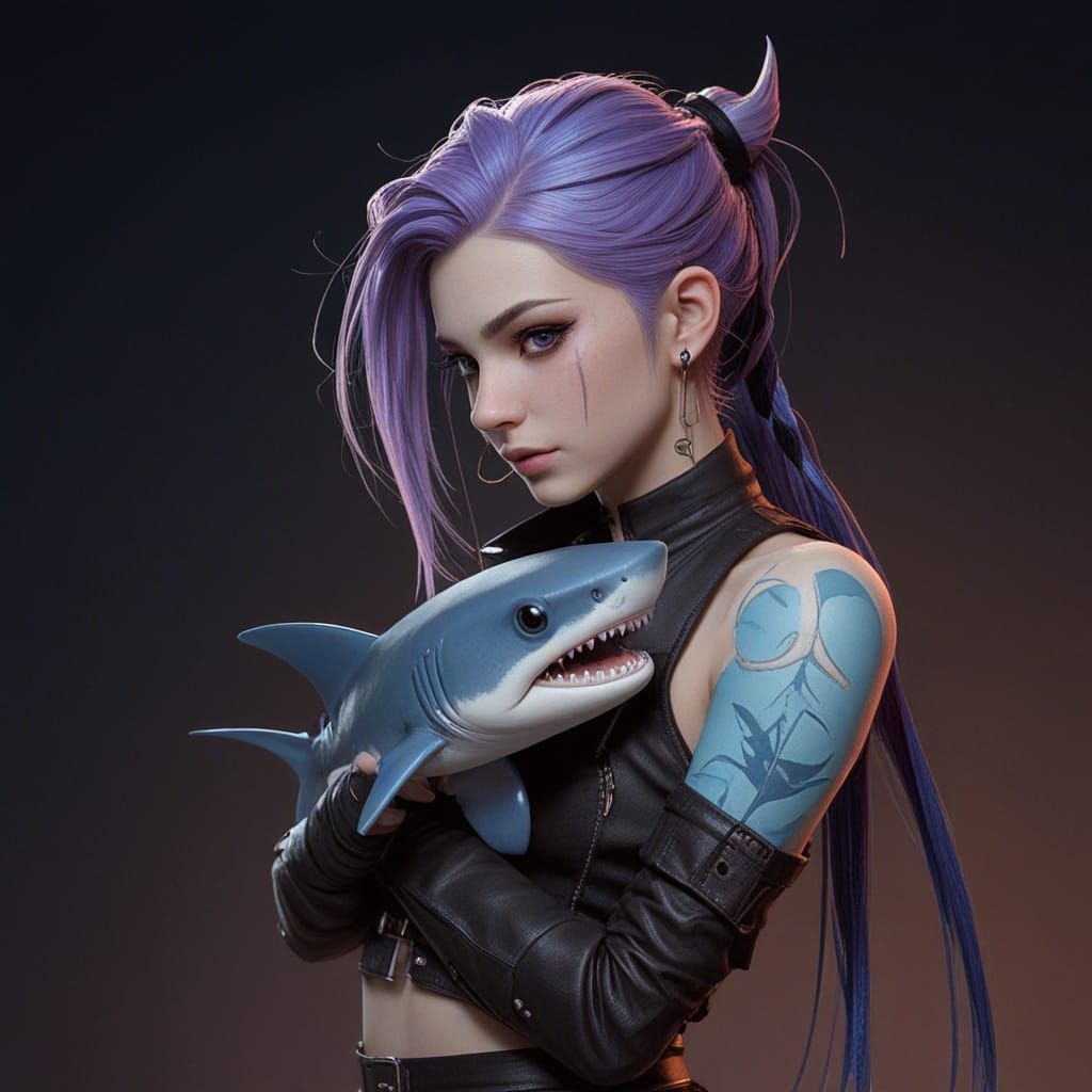 Hyper-Realistic Cyberpunk Goddess with Shark