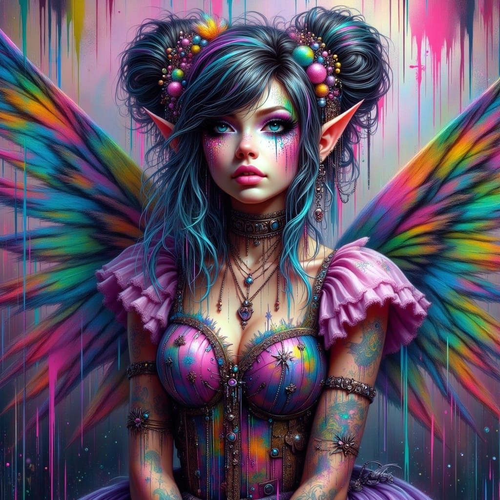 Fairy Punk Woman Amidst Kaleidoscopic Art