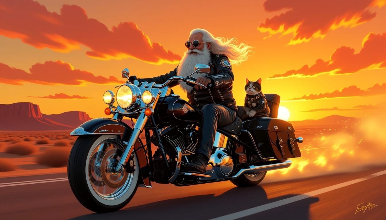 Steampunk Elder Rides Motorcycle with Cat Companion