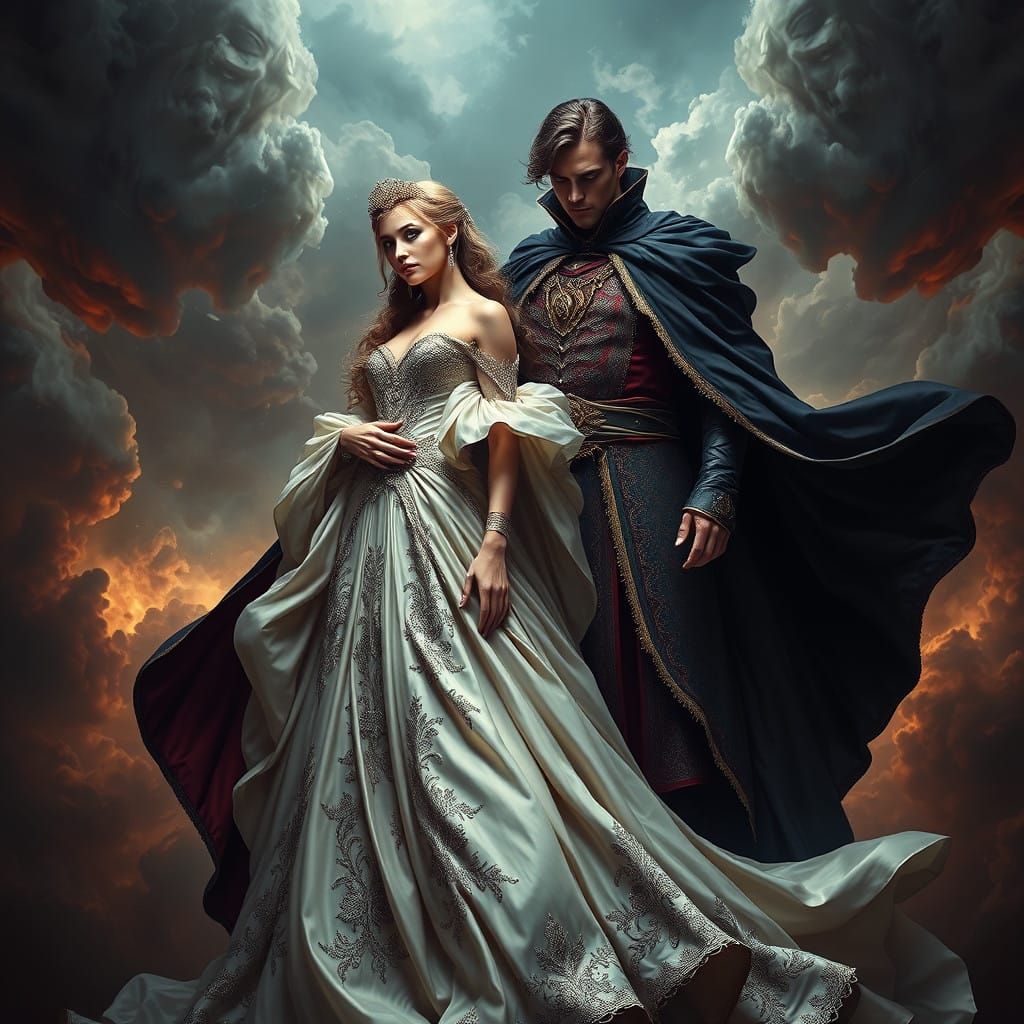 Regal Couple Lost in Ethereal Landscape