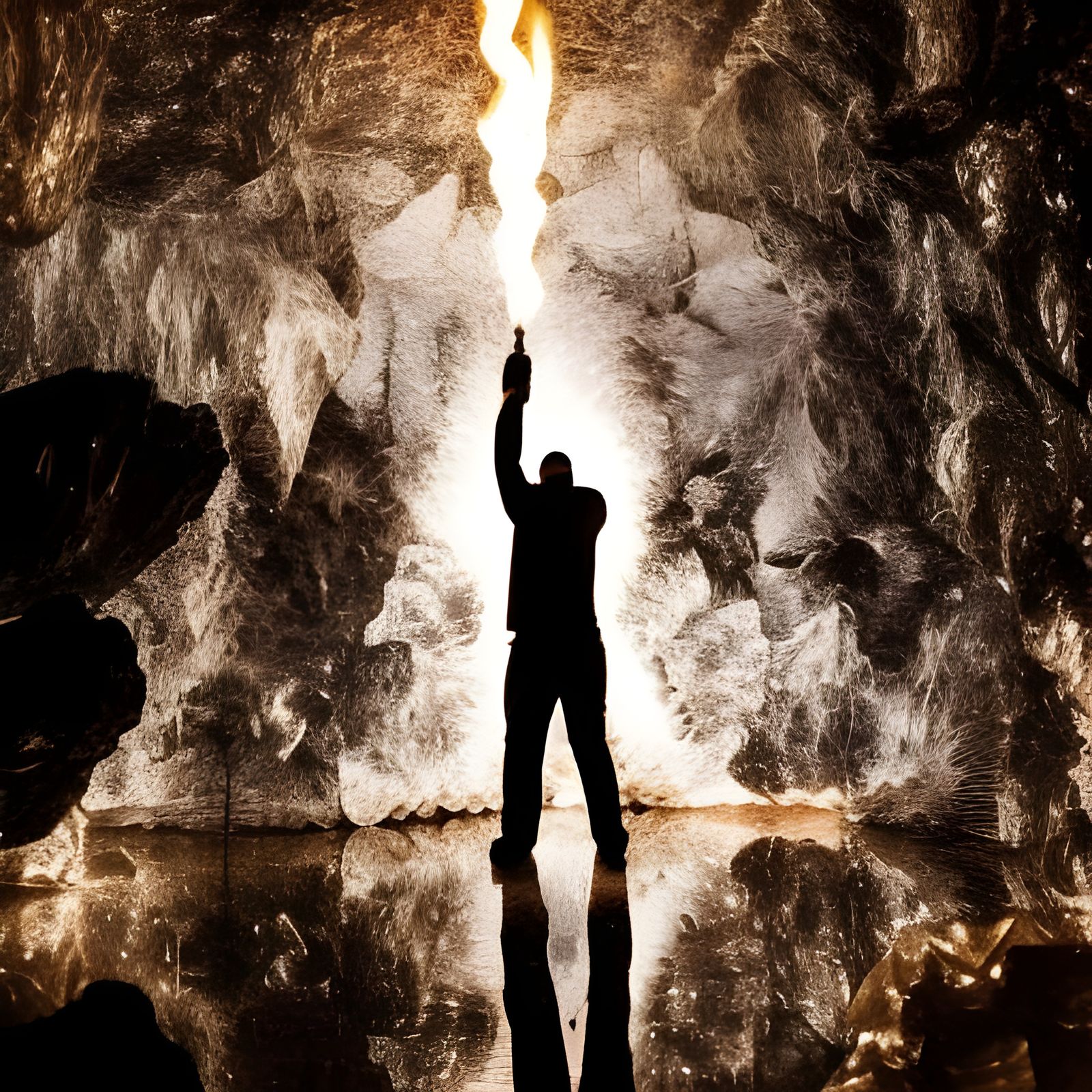 Man with Blue Torch in Crystal Cave